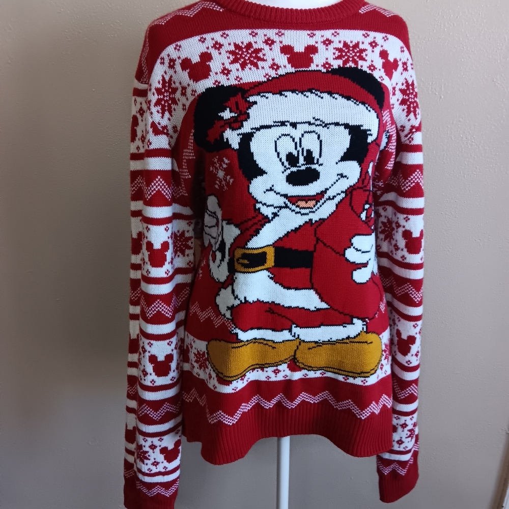 Red Disney Mickey Mouse Thick Knit Christmas Sweater Large, Holiday Santa Top